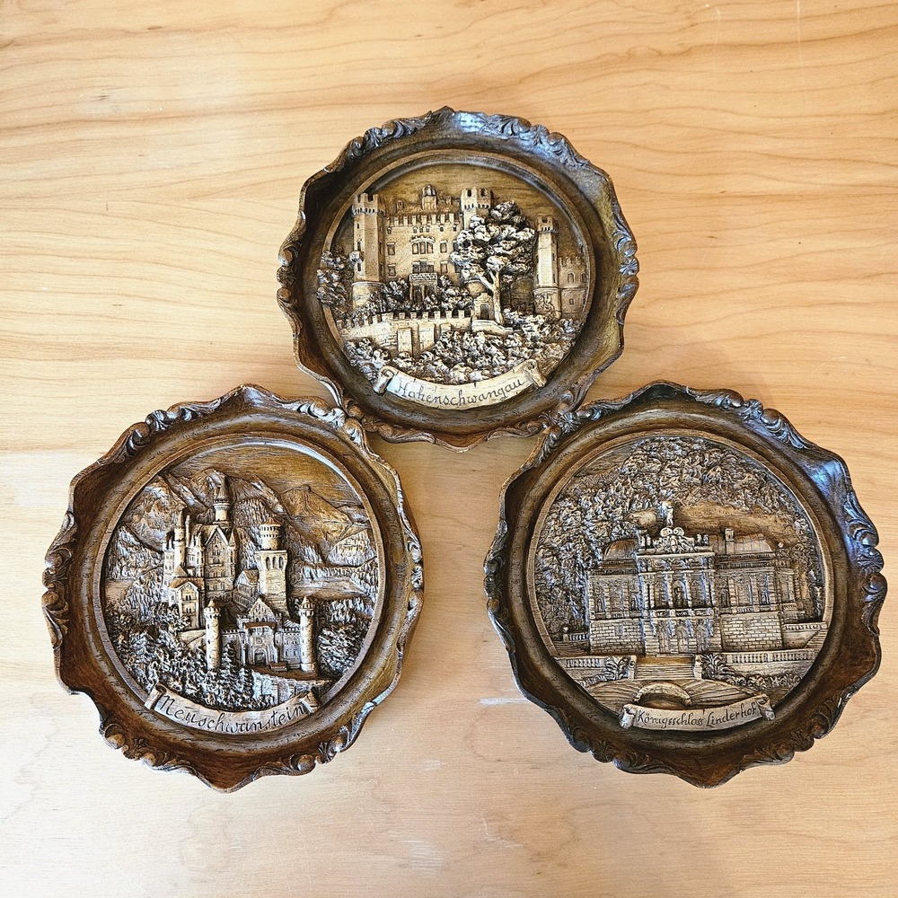 Vtg Alpine Carved Wood Plaques– German Castles incl Neuschwanstein– 3pc Set
